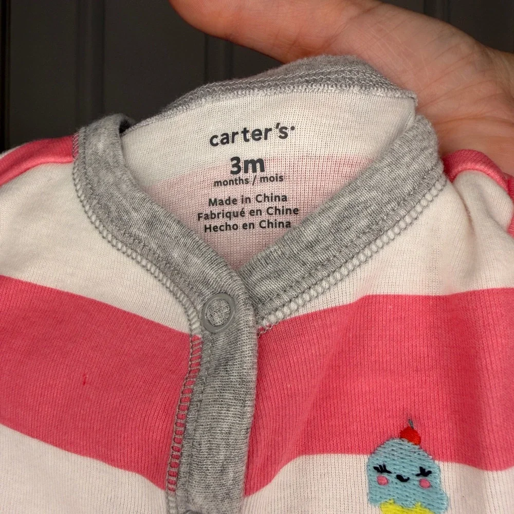 Carters Baby‎ Girl Pink Striped Ice Cream Romper Snap Up Jumpsuit Size 3 Months